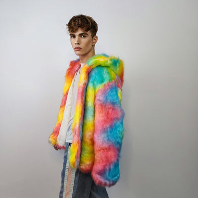 Hooded rainbow fur jacket unicorn bomber neon raver puffer fluffy tie-dye fleece psychedelic festival coat burning man party trench orange