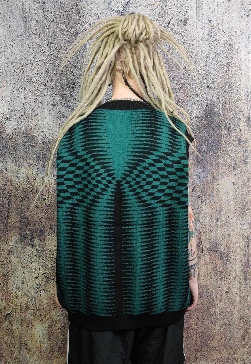 Check print sleeveless sweater chess board pattern top green