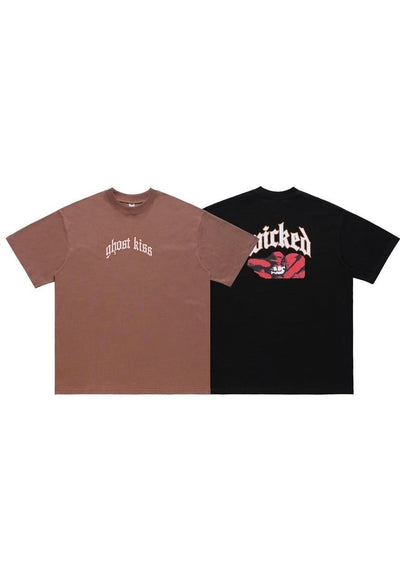 Wicked slogan t-shirt fang print tee utility top in brown