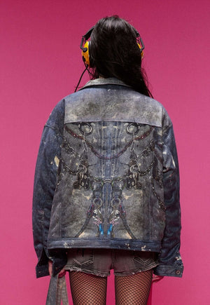 Chain print denim jacket bling jean bomber grunge coat