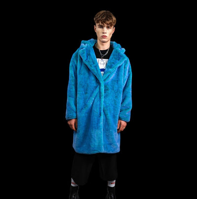 Neon faux fur long coat hooded trench bright raver bomber detachable fleece festival removable sleeves burning man jacket in electric blue