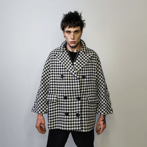 Houndstooth jacket Chequerboard outdoor blazer SKA aviator chess pattern coat dogtooth double breasted pea coat in black and white