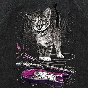 Cat t-shirt guitar print top vintage wash retro kitty tee