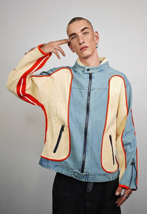 Reworked denim racing jacket colour blocked varsity bomber