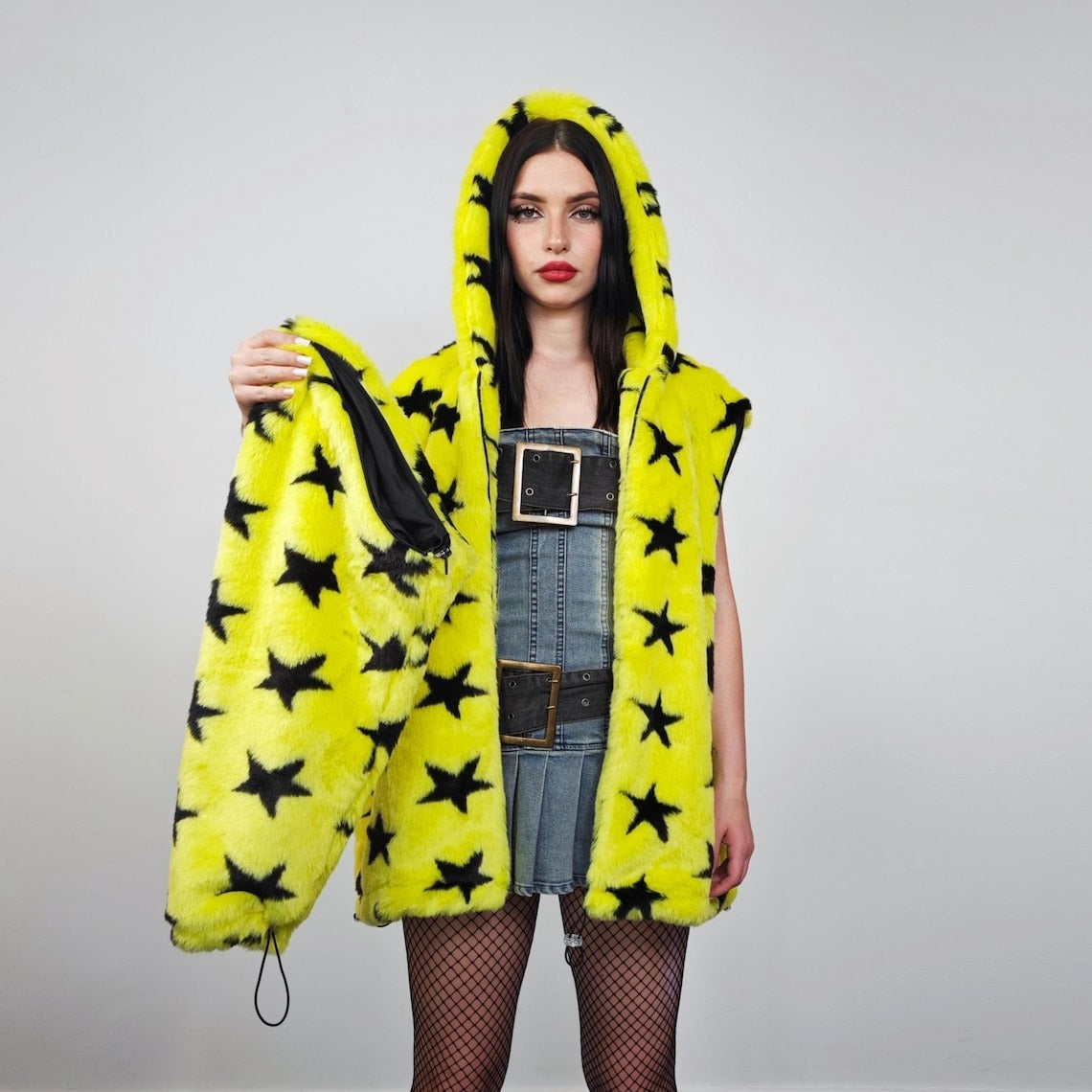 Star print hooded jacket yellow faux fur geometric fleece bomber psychedelic pullover detachable sleeves handmade rave top festival overcoat