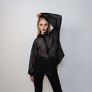 Mesh shirt long sleeve transparent top dog-tooth blouse see-through oversize gothic top sheer sweatshirt floral crotchet jumper in black