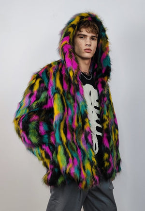 Hooded faux fur stripe neon jacket festival bomber rave coat