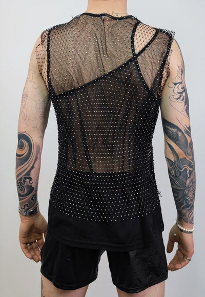 Netted mesh vest diamante transparent glitter tank top black