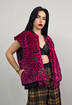 Short leopard jacket pink animal print fluffy college bomber