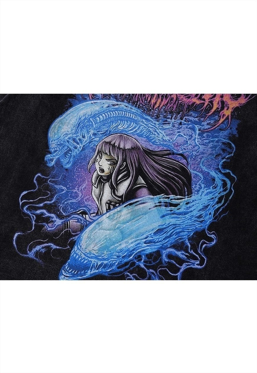 Anime t-shirt vintage wash Total Deathcore top long tee grey