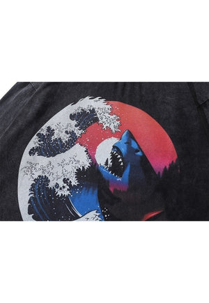 Shark print t-shirt old Japanese cartoon tee retro top grey