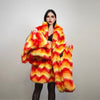 Psychedelic orange coat faux fur geometric cropped bomber fluffy carnival fleece detachable sleeves festival jacket short flame overcoat