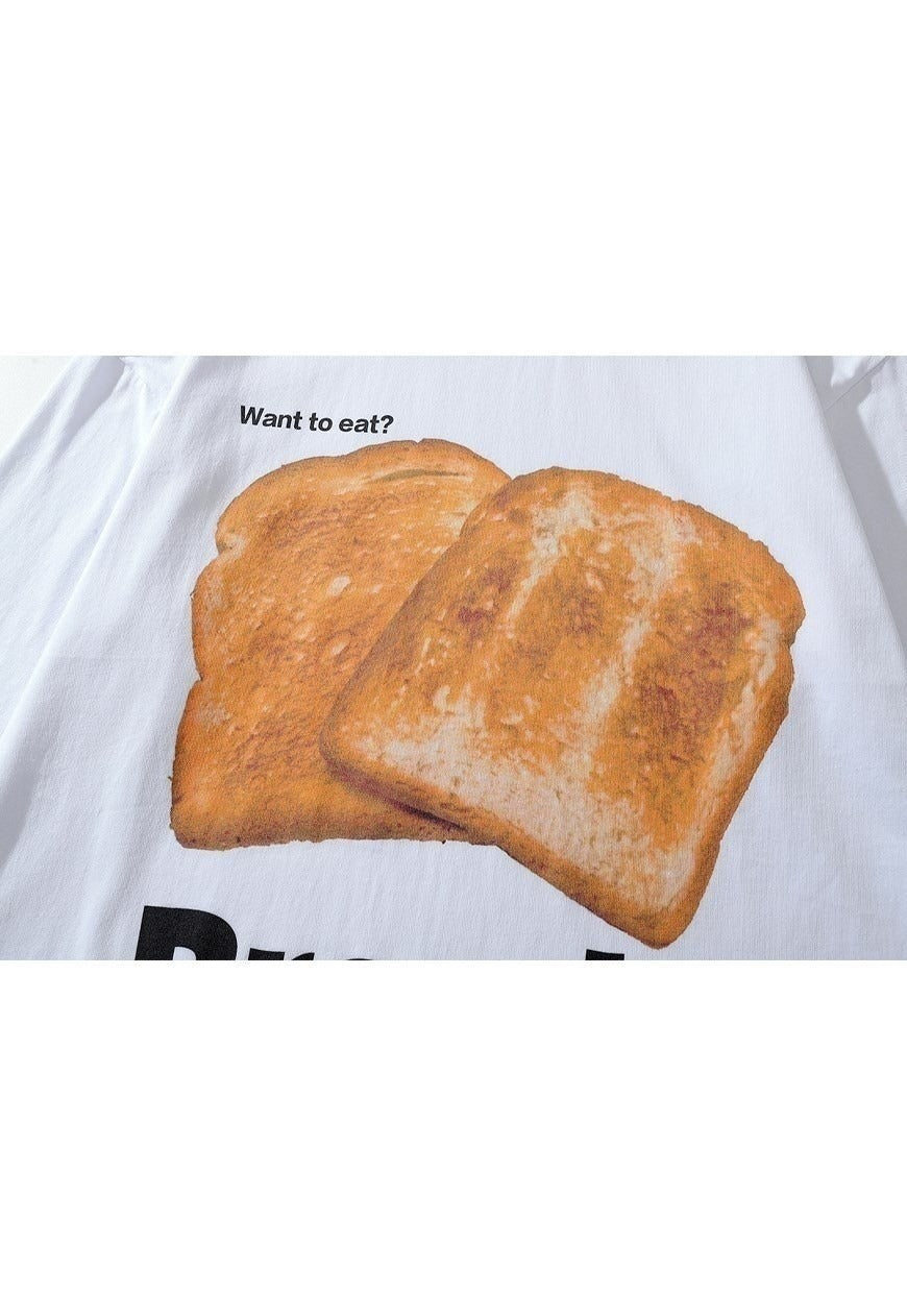 Bread print t-shirt old food long tee retro toast top white