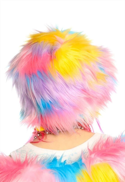 Rainbow bucket hat faux fur fluffy unicorn hat rave cap pink