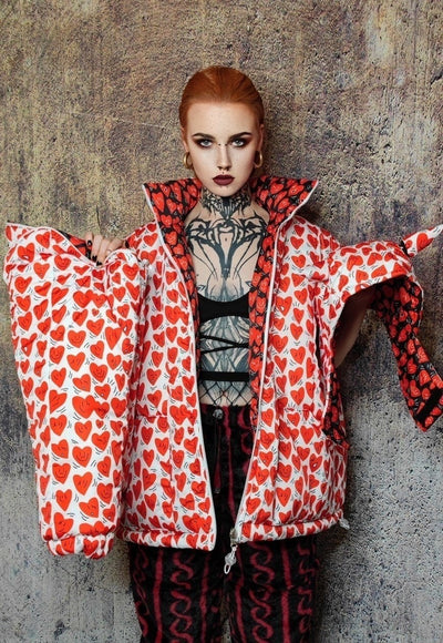 Heart print bomber handmade detachable retro love emoji puffer devil horn reversible grunge jacket two sided raver coat in white and red