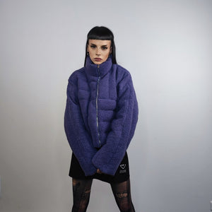 Cropped fleece jacket Asymmetric fluffy bomber box fit geometric coat raised neck aviator jacket quilted pattern short track jacket purple