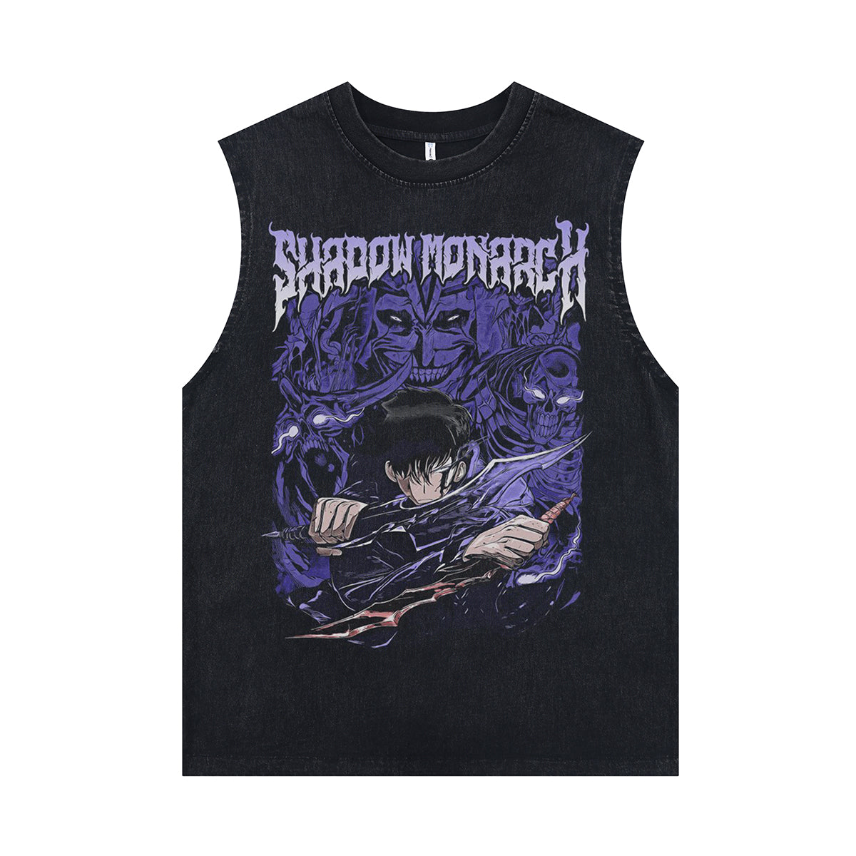 Shadow monarch sleeveless t-shirt vintage Japanese vest retro anime tank top in acid wash black