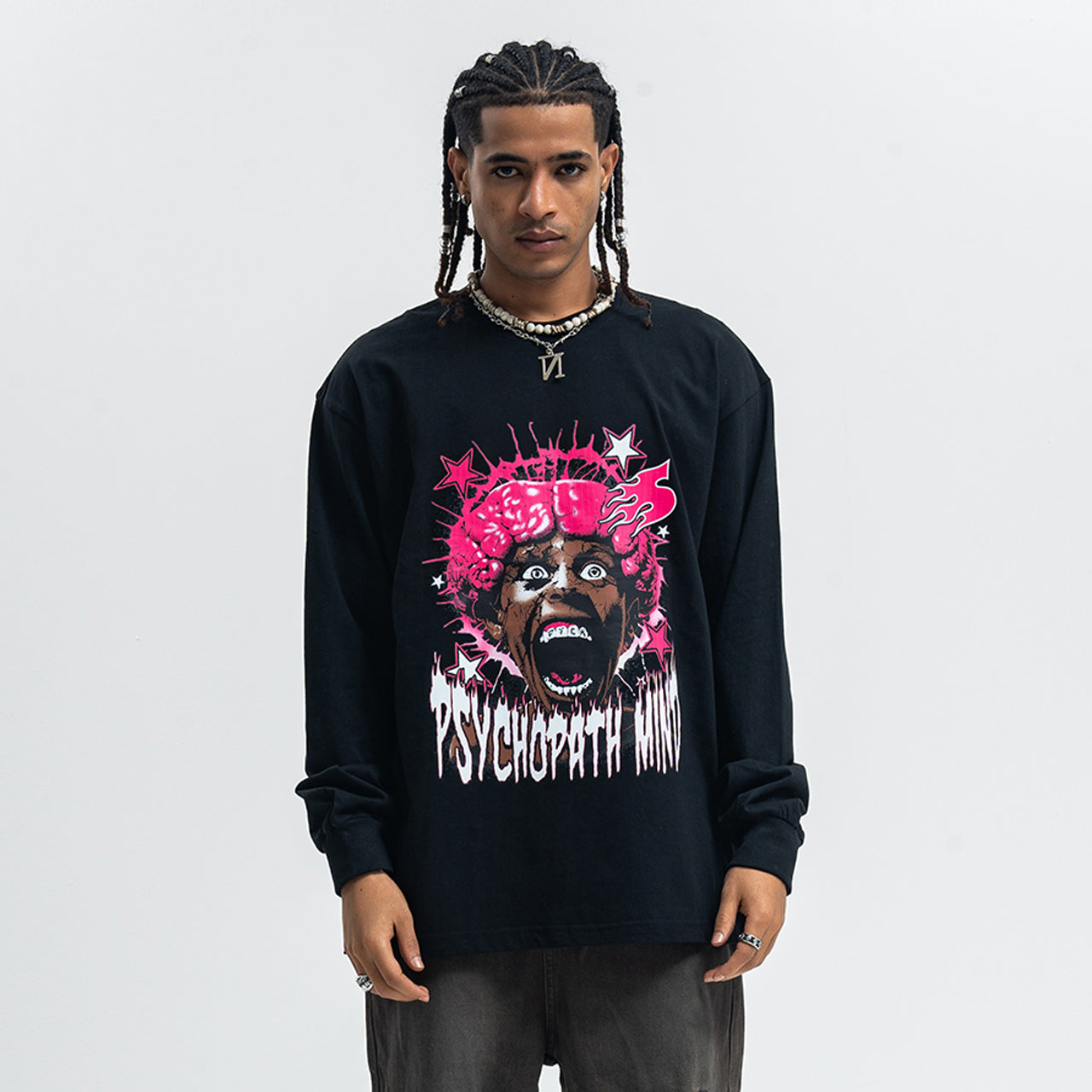 Psychopath slogan jumper long sleeve raver t-shirt grunge hip-hop top in black