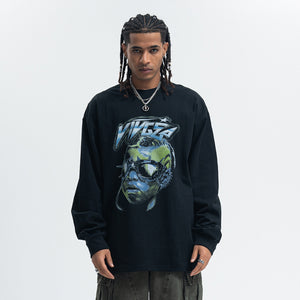 Cyberpunk top long sleeve psychedelic jumper raver print t-shirt in black