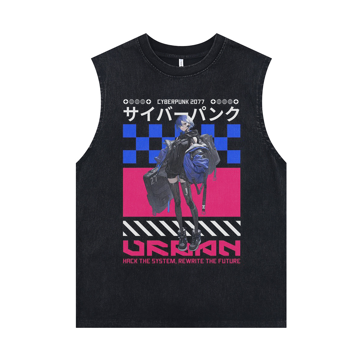 Cyberpunk anime sleeveless t-shirt vintage Japanese vest retro cartoon tank top in acid wash black