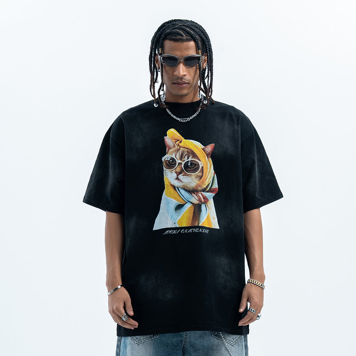 Cat print t-shirt retro cartoon top funny tee in black