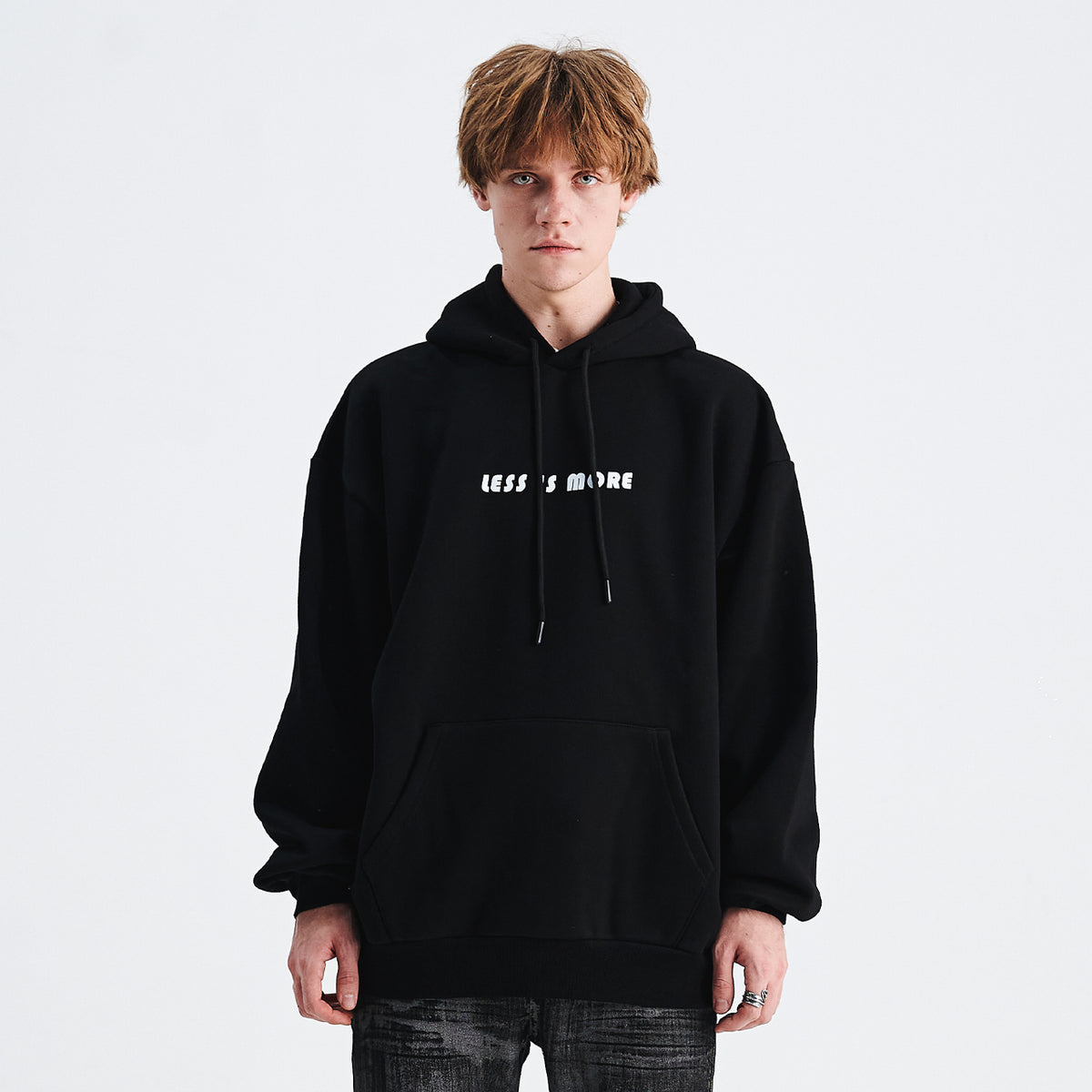 Volcano print hoodie gorpcore flame pullover less is more slogan jumper in black