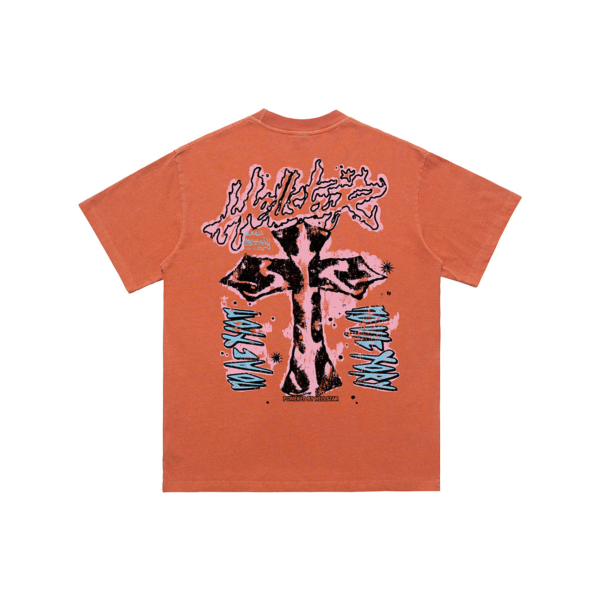 Hell slogan t-shirt grunge graffiti tee cross print top in Pink