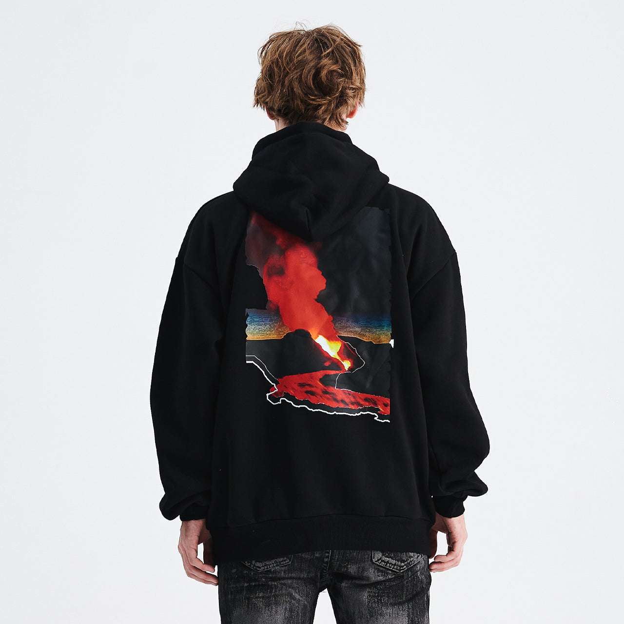 Volcano print hoodie gorpcore flame pullover less is more slogan jumper in black