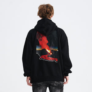 Volcano print hoodie gorpcore flame pullover less is more slogan jumper in black