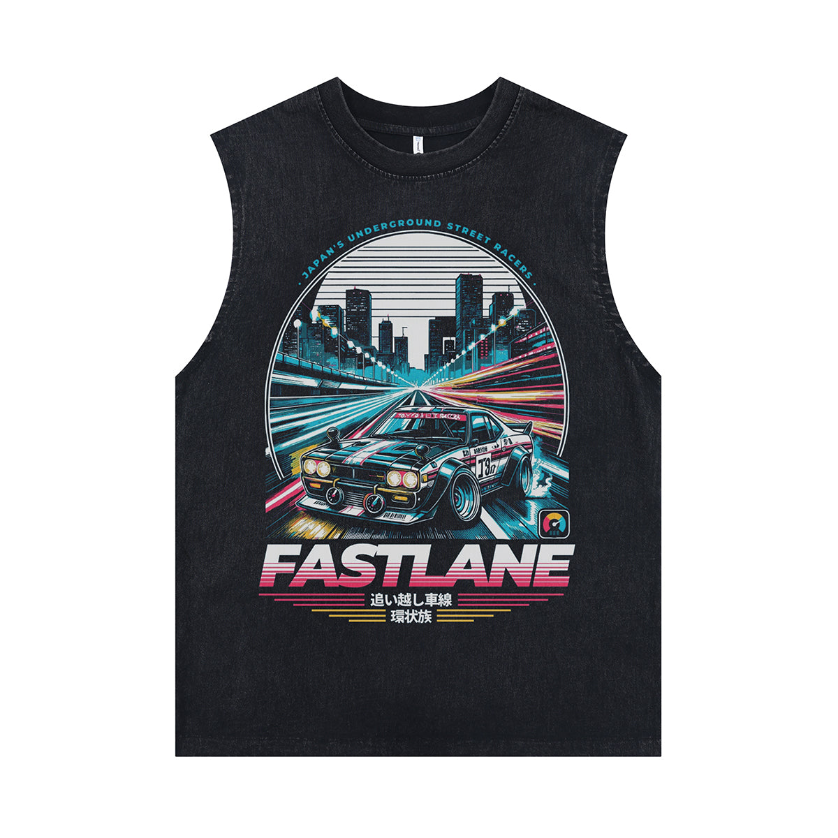 Fastlane slogan sleeveless t-shirt car print surfer vest 80s motorsports tank top in acid wash black