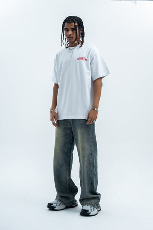 Retro movie t-shirt old cartoon top pistol print tee hip-hop jumper in White