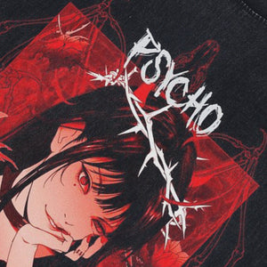 Psycho slogan sleeveless t-shirt anime girl print surfer vest Japanese tank top in acid wash black