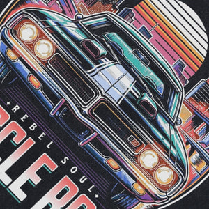 70s car sleeveless t-shirt motorsports surfer vest racing tank top in acid wash black