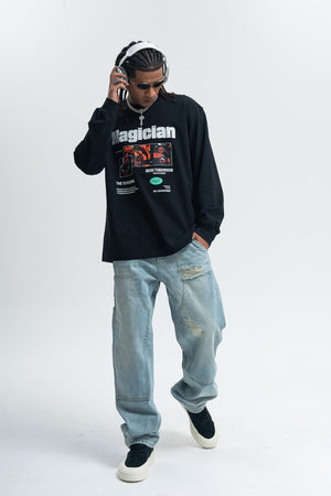 Magician slogan jumper long sleeve singer t-shirt rocker top in white