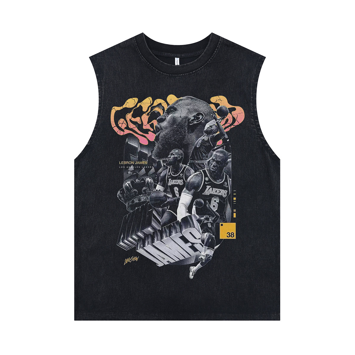 James Lebron sleeveless t-shirt vintage basketball player vest sports tank top in acid wash black