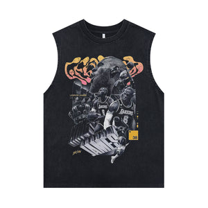 James Lebron sleeveless t-shirt vintage basketball player vest sports tank top in acid wash black
