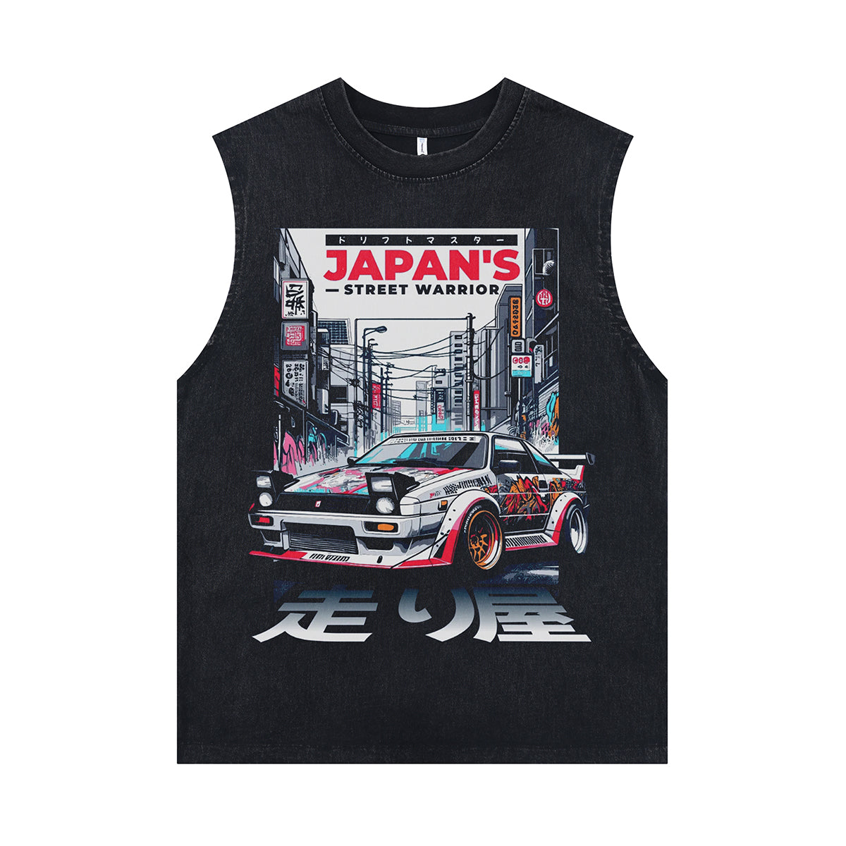 Japanese racing sleeveless t-shirt motorsports surfer vest retro car poster tank top in acid wash black