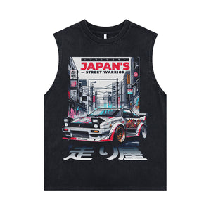 Japanese racing sleeveless t-shirt motorsports surfer vest retro car poster tank top in acid wash black