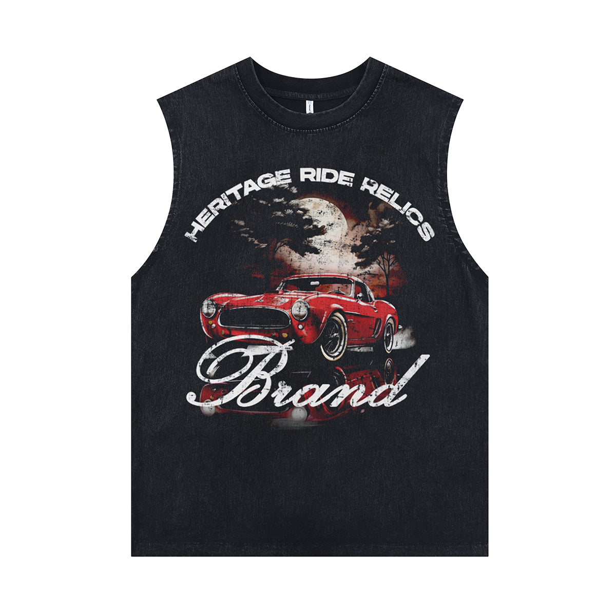 Vintage car print sleeveless t-shirt motorsports surfer vest retro racing cartoon tank top in acid wash black