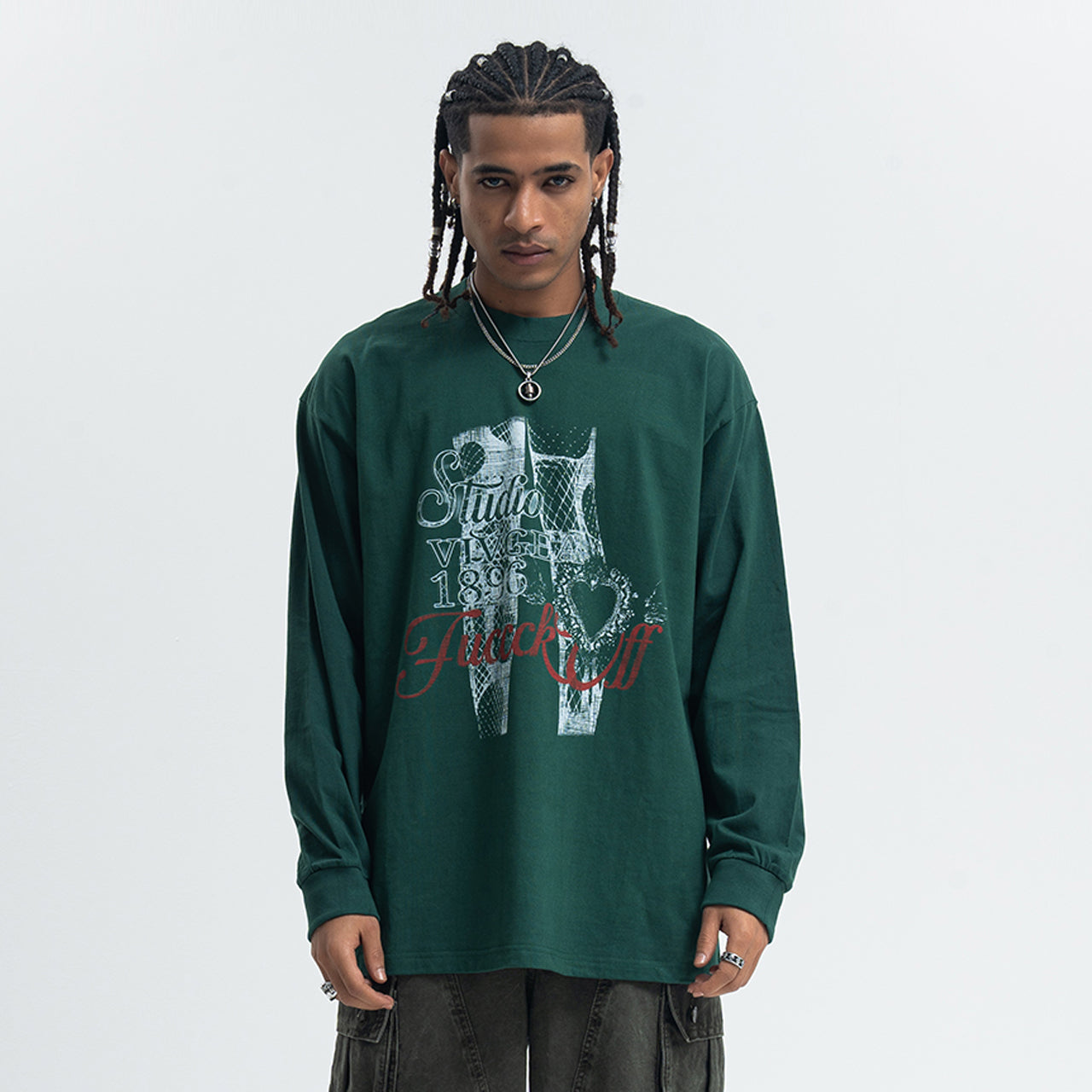 Fuck off slogan jumper pinup girl print top long sleeve retro grunge t-shirt in green