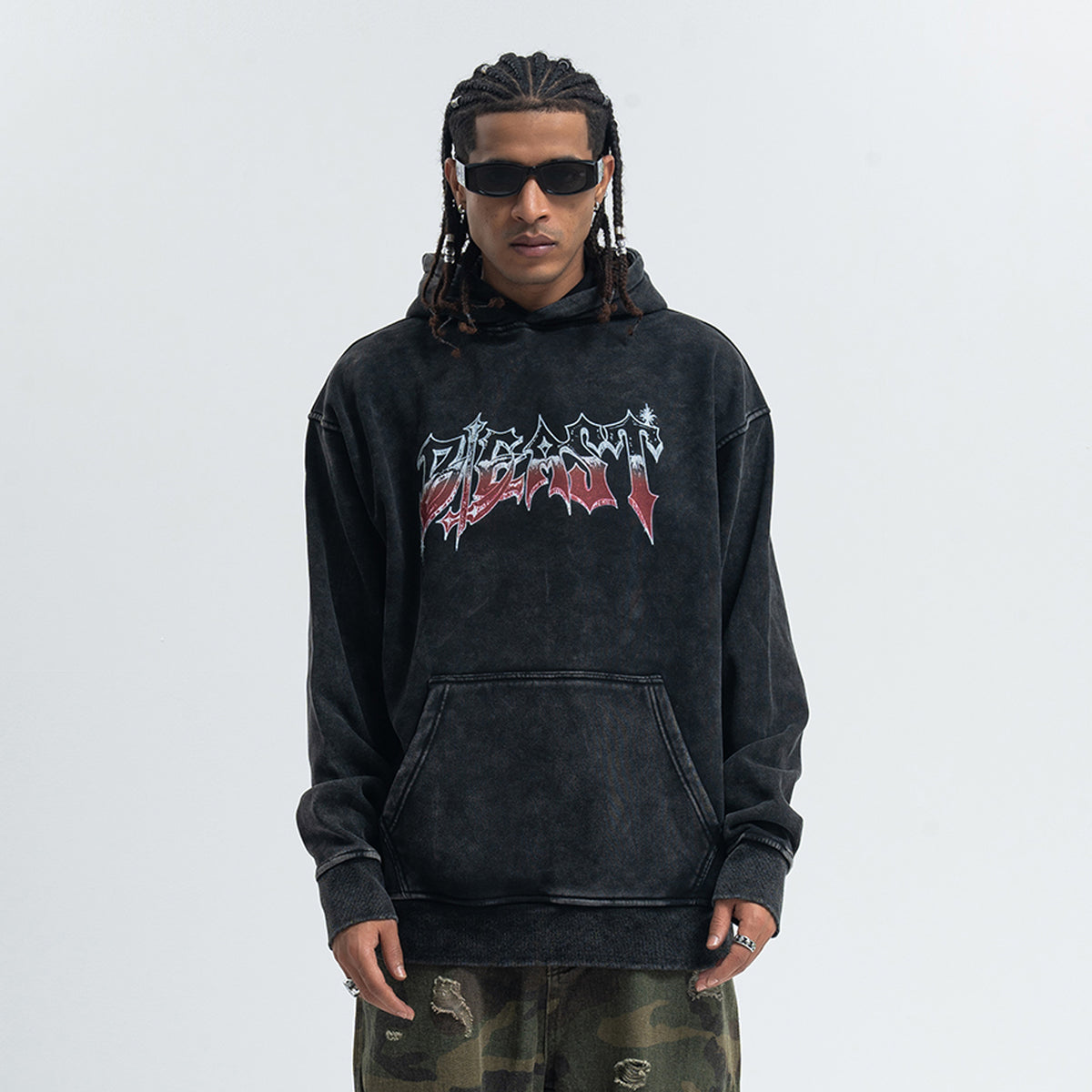 Beast slogan hoodie vintage wash pullover retro hip-hop jumper in acid grey