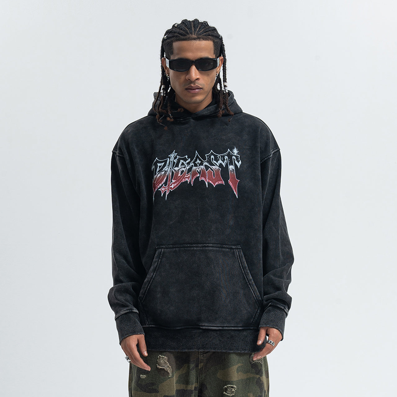 Beast slogan hoodie vintage wash pullover retro hip-hop jumper in acid grey