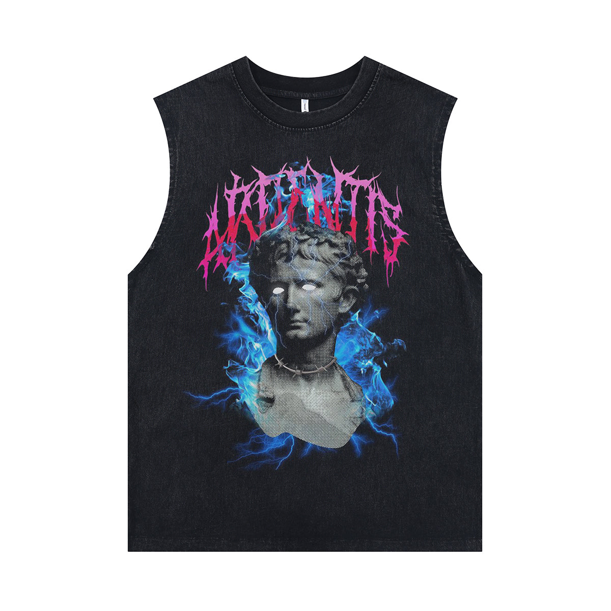 Psychedelic sleeveless t-shirt sculpture cartoon surfer vest raver tank top in acid wash black