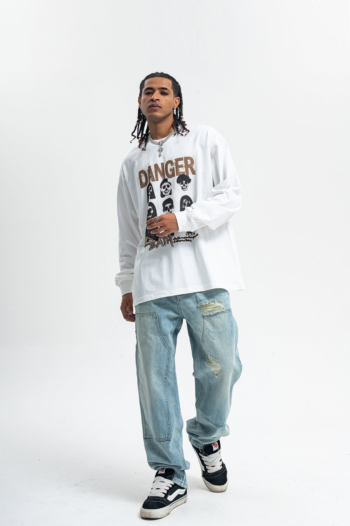 Danger slogan jumper skull print top 90s gothic poster long sleeve t-shirt in green