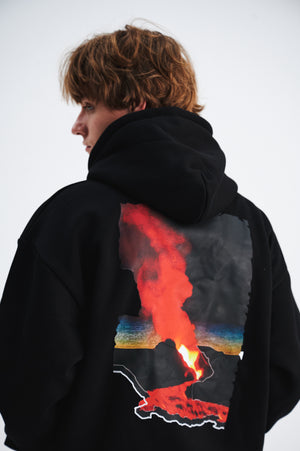 Volcano print hoodie gorpcore flame pullover less is more slogan jumper in black