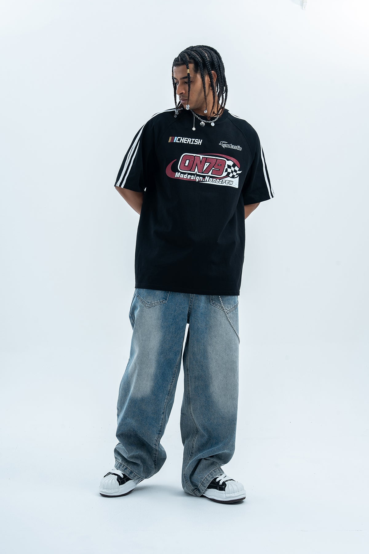 Racing t-shirt motorsports tee y2k sports top striped jumper in black