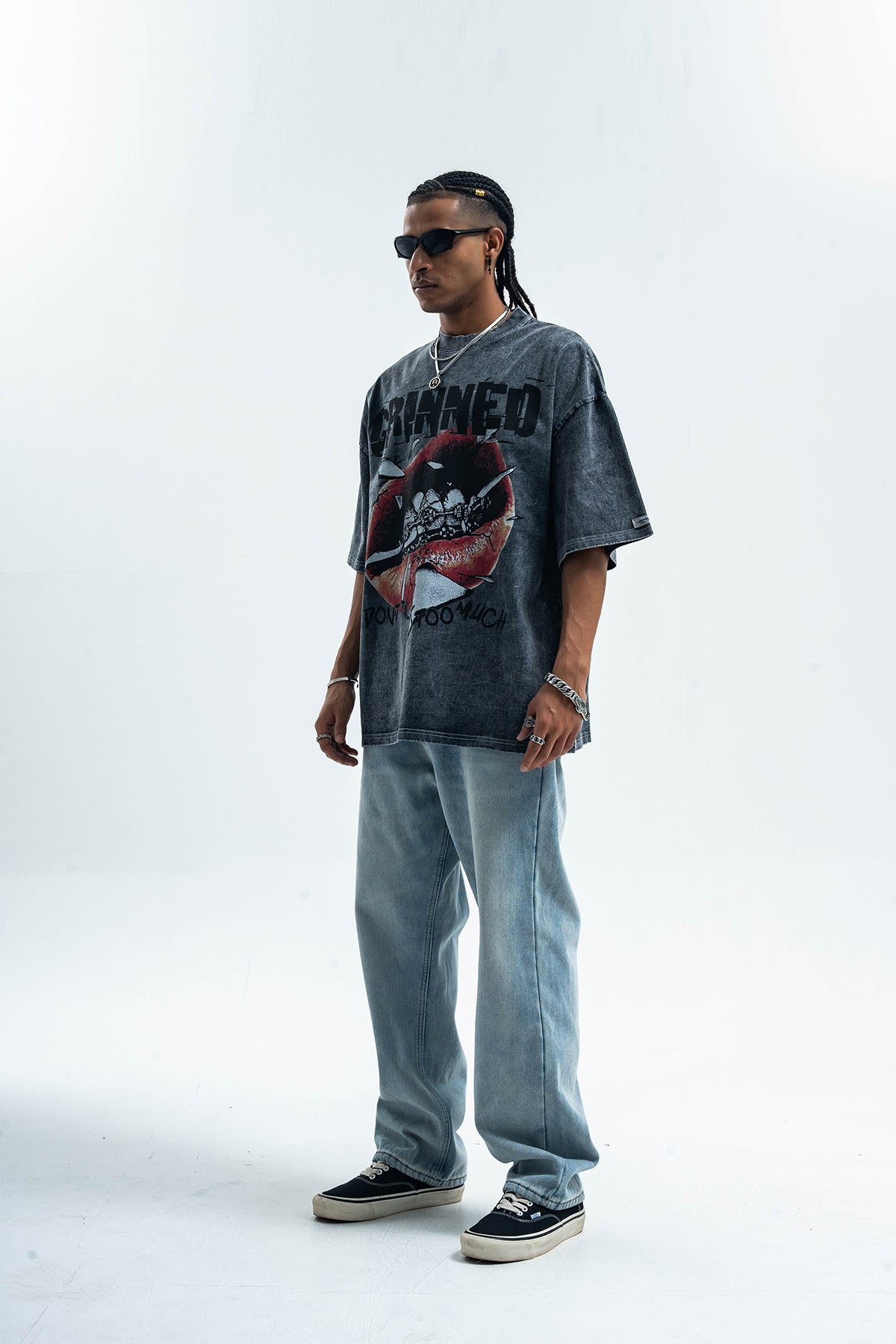 Grillz t-shirt mouth print top grunge hip-hop tee rapper jumper in grey