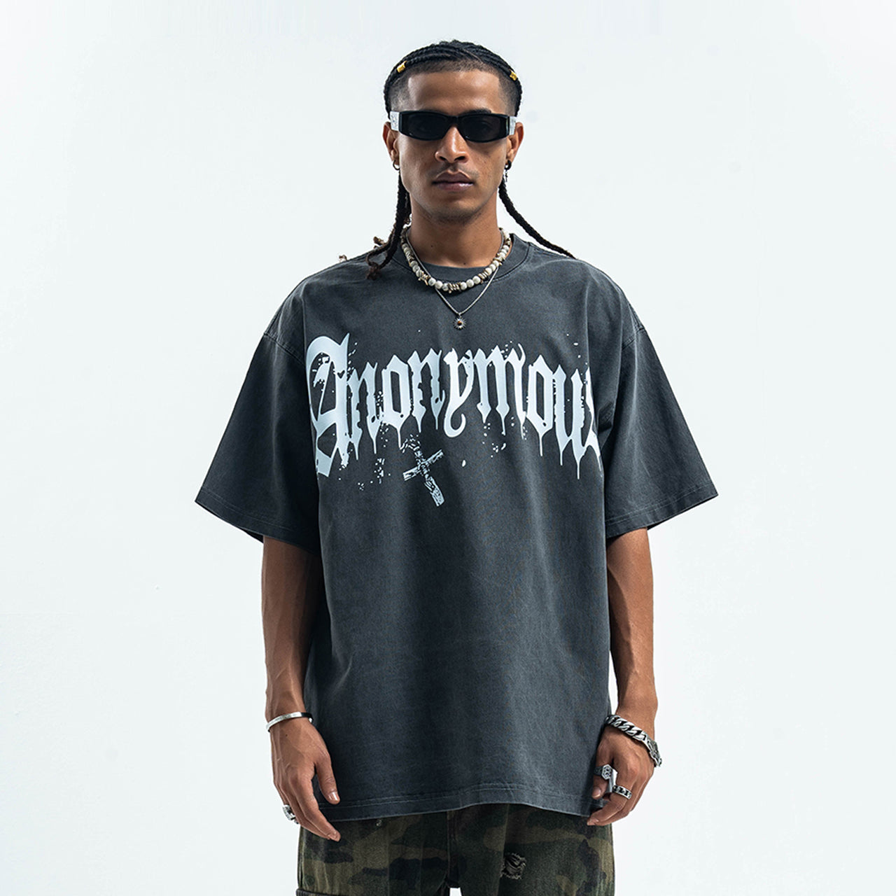 Anonymous t-shirt slogan top cross print tee in grey