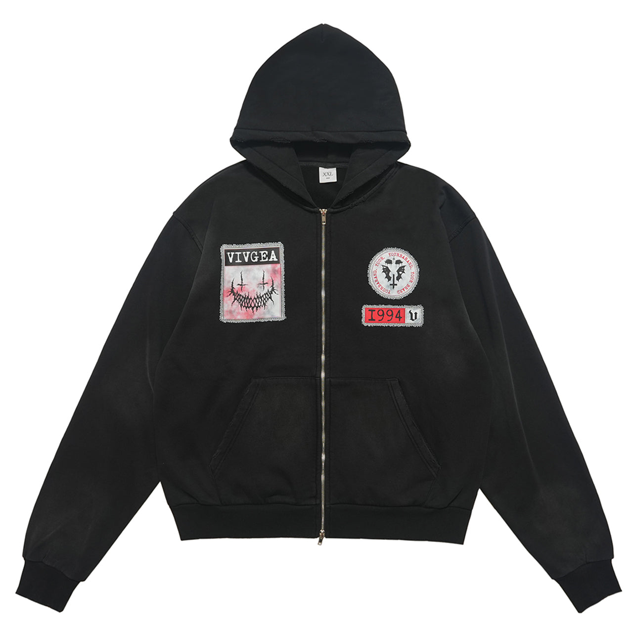 Gorpcore hoodie grunge patchwork jumper vintage wash raver pullover in black