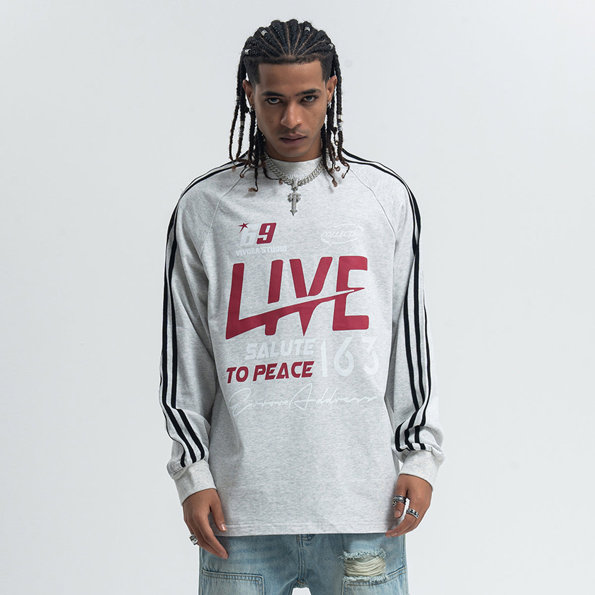 Peace slogan jumper long sleeve anti war top striped grunge t-shirt in black